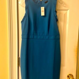 COPY - Cerulean blue knee length sleeveless dress with pleated shoulder accent.